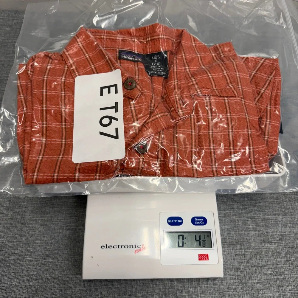 Patagonia Plaid Button Up Shirt Kids Small 7-8 Orange Short Sleeve Gorpcore